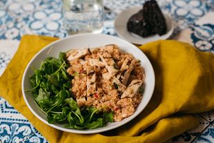 Grilled Chicken over Greek Quinoa and Feta Salad with Fresh Arugula and a Housemade Raspberry Brownie.jpg
